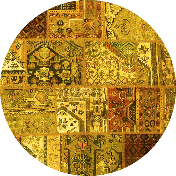 Round Machine Washable Patchwork Yellow Transitional Rug, wshcon2983yw