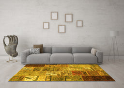 Machine Washable Patchwork Yellow Transitional Rug in a Living Room, wshcon2983yw