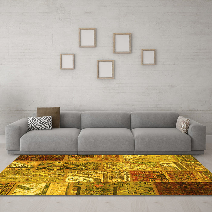 Machine Washable Patchwork Yellow Transitional Rug in a Living Room, wshcon2983yw