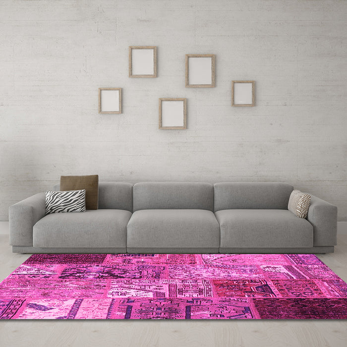 Machine Washable Patchwork Pink Transitional Rug in a Living Room, wshcon2983pnk
