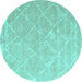 Round Machine Washable Trellis Turquoise Modern Area Rugs, wshcon2992turq