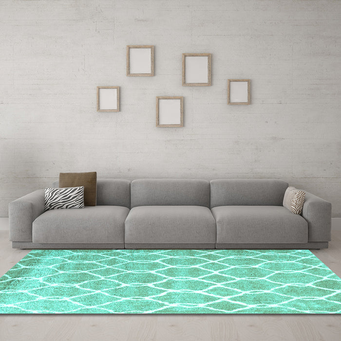 Machine Washable Trellis Turquoise Modern Area Rugs in a Living Room,, wshcon2996turq