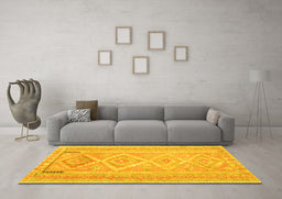 Machine Washable Oriental Yellow Traditional Rug in a Living Room, wshcon2999yw