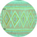 Round Machine Washable Oriental Turquoise Traditional Area Rugs, wshcon2999turq