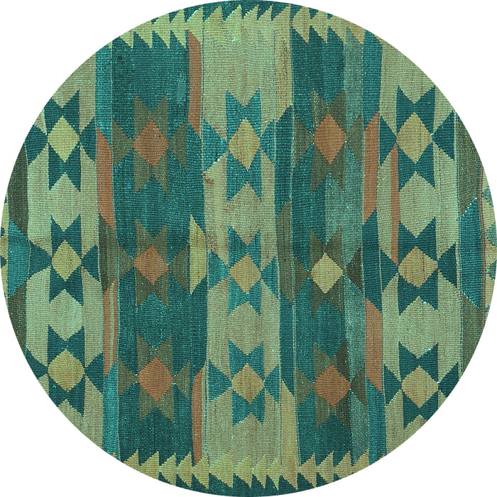 Round Machine Washable Southwestern Turquoise Country Area Rugs, wshcon3003turq