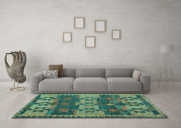 Machine Washable Southwestern Turquoise Country Area Rugs in a Living Room,, wshcon3003turq