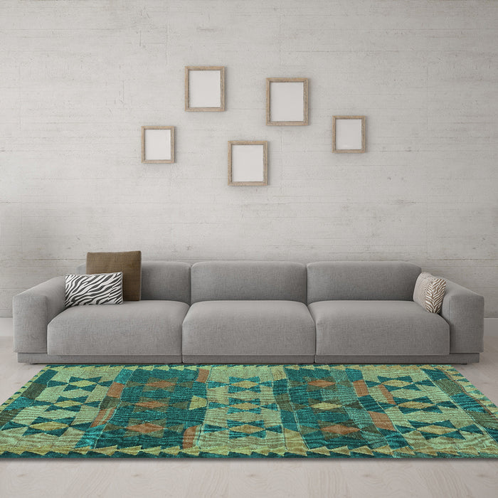 Machine Washable Southwestern Turquoise Country Area Rugs in a Living Room,, wshcon3003turq