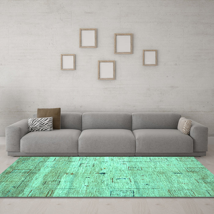 Machine Washable Abstract Turquoise Contemporary Area Rugs in a Living Room,, wshcon3007turq