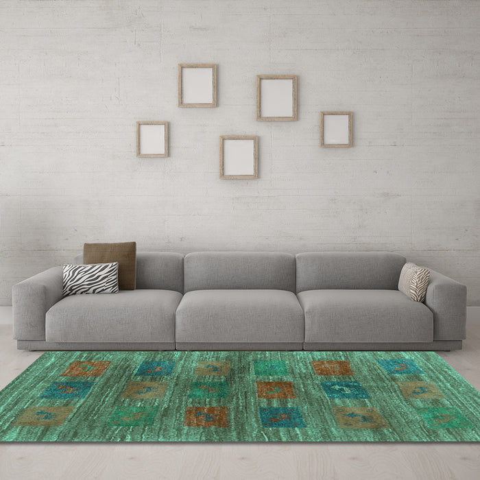 Machine Washable Abstract Turquoise Contemporary Area Rugs in a Living Room,, wshcon3008turq