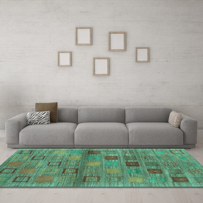 Machine Washable Abstract Turquoise Contemporary Area Rugs in a Living Room,, wshcon3009turq