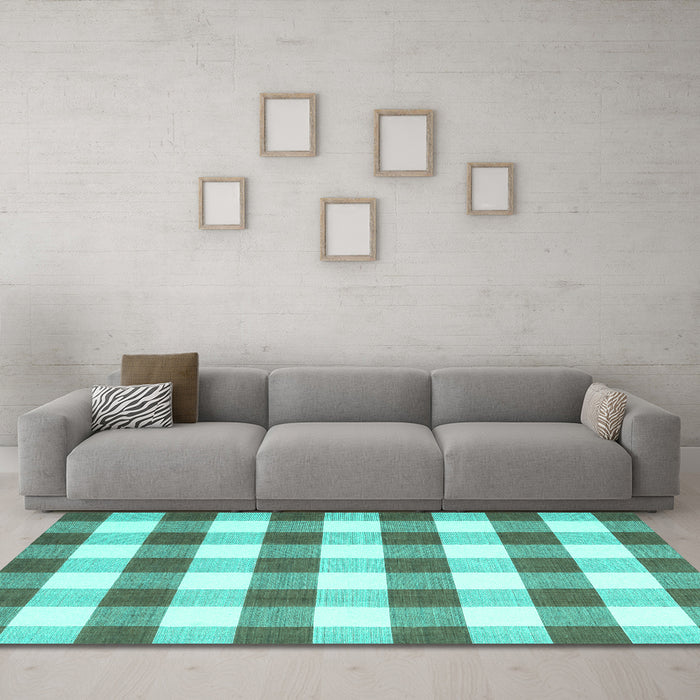 Machine Washable Checkered Turquoise Modern Area Rugs in a Living Room,, wshcon3014turq