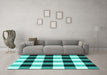 Machine Washable Checkered Turquoise Modern Area Rugs in a Living Room,, wshcon3015turq