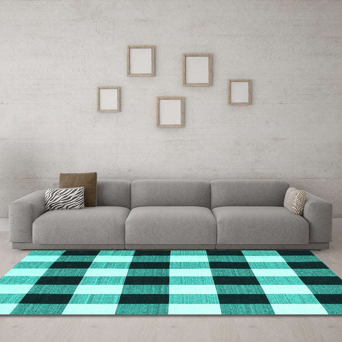 Machine Washable Checkered Turquoise Modern Area Rugs in a Living Room,, wshcon3015turq
