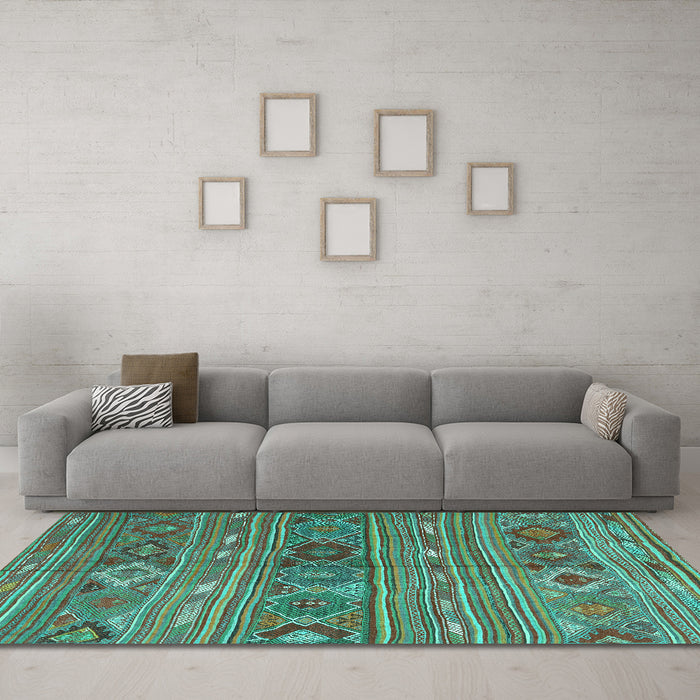 Machine Washable Oriental Turquoise Traditional Area Rugs in a Living Room,, wshcon3031turq