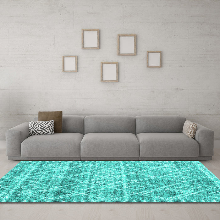 Machine Washable Trellis Turquoise Modern Area Rugs in a Living Room,, wshcon3033turq