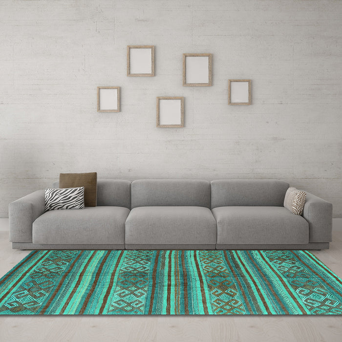 Machine Washable Southwestern Turquoise Country Area Rugs in a Living Room,, wshcon3043turq
