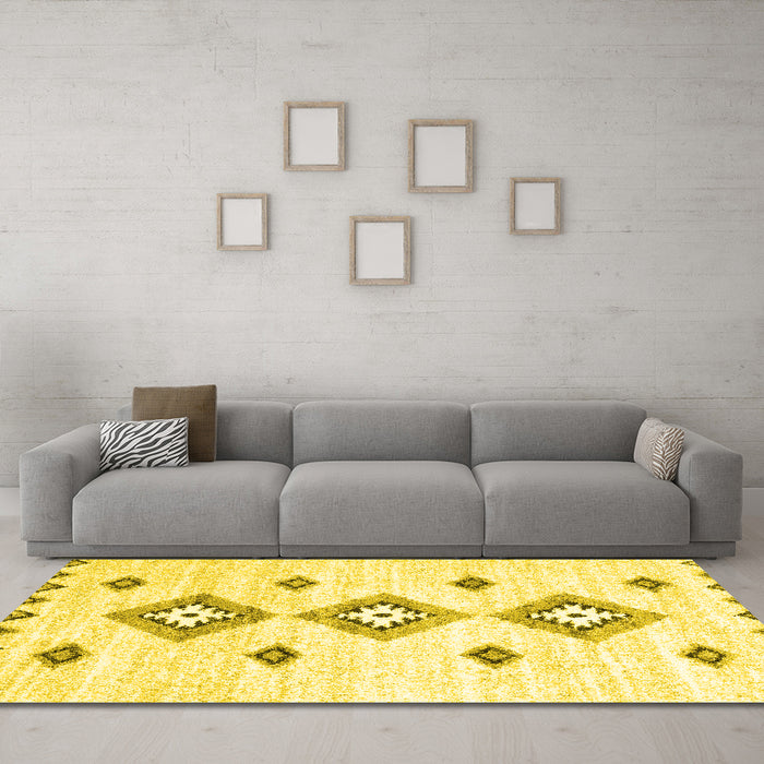 Machine Washable Abstract Yellow Contemporary Rug in a Living Room, wshcon3046yw
