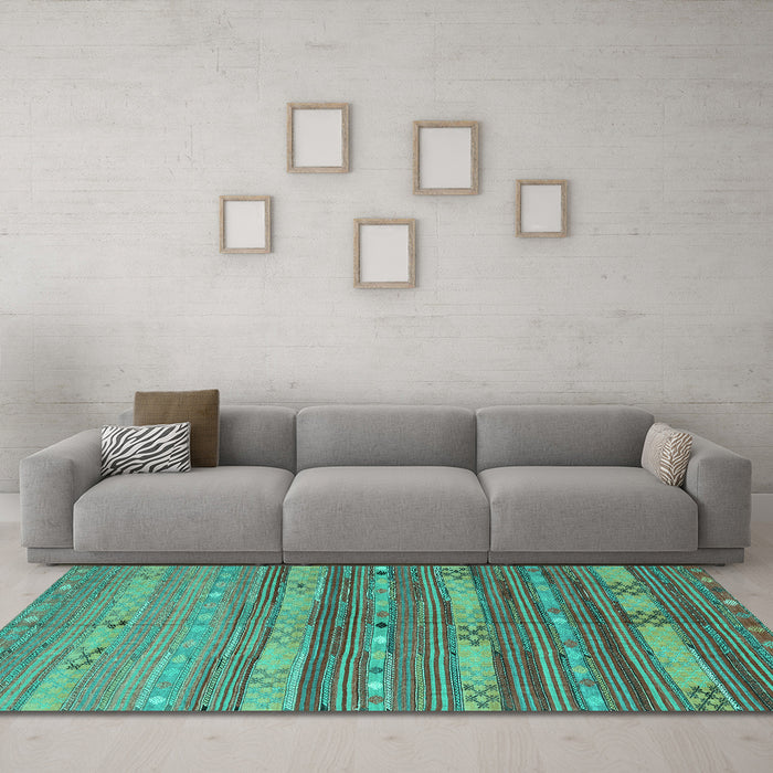 Machine Washable Southwestern Turquoise Country Area Rugs in a Living Room,, wshcon3052turq