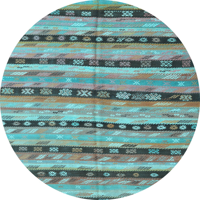 Round Machine Washable Southwestern Light Blue Country Rug, wshcon3053lblu