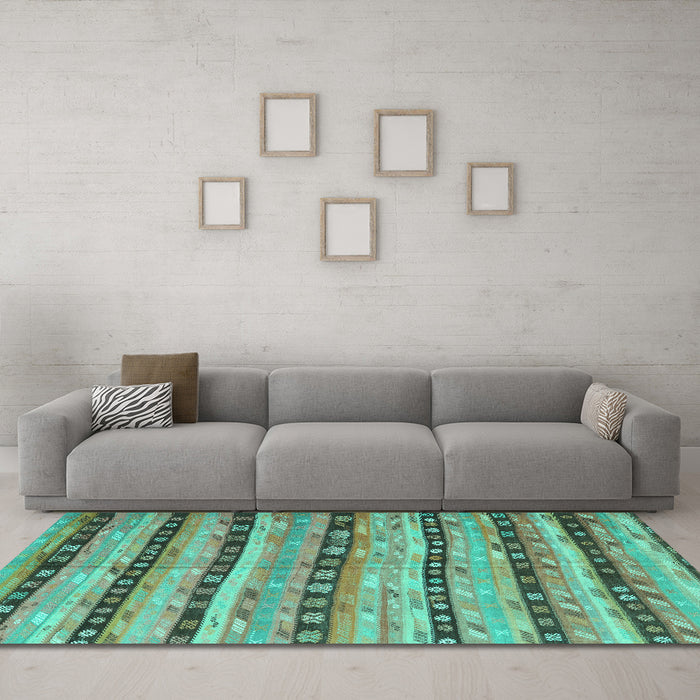 Machine Washable Southwestern Turquoise Country Area Rugs in a Living Room,, wshcon3053turq