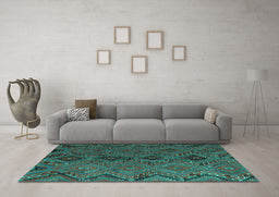 Machine Washable Southwestern Turquoise Country Area Rugs in a Living Room,, wshcon3054turq