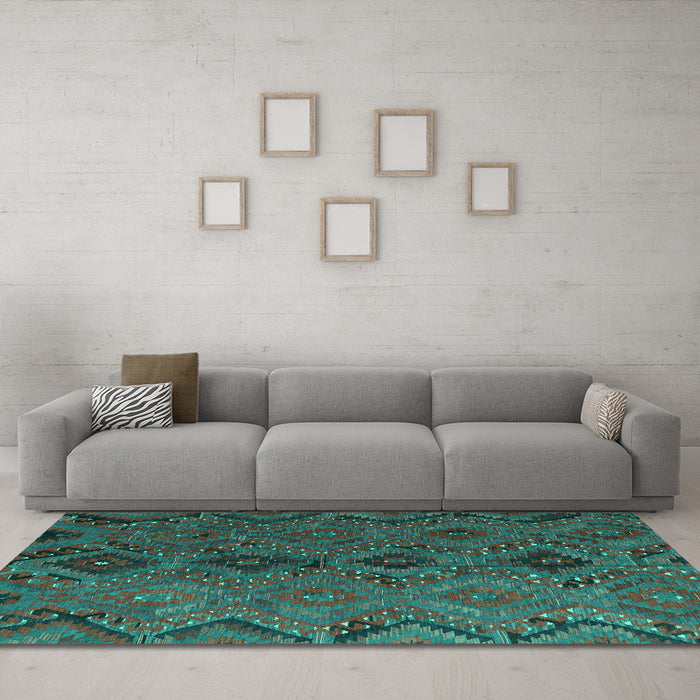 Machine Washable Southwestern Turquoise Country Area Rugs in a Living Room,, wshcon3054turq