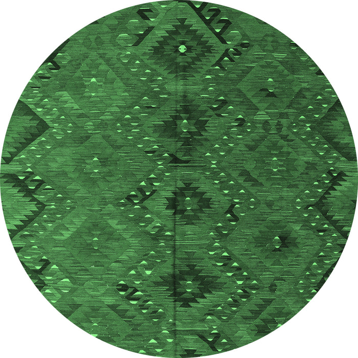 Round Machine Washable Southwestern Emerald Green Country Area Rugs, wshcon3054emgrn