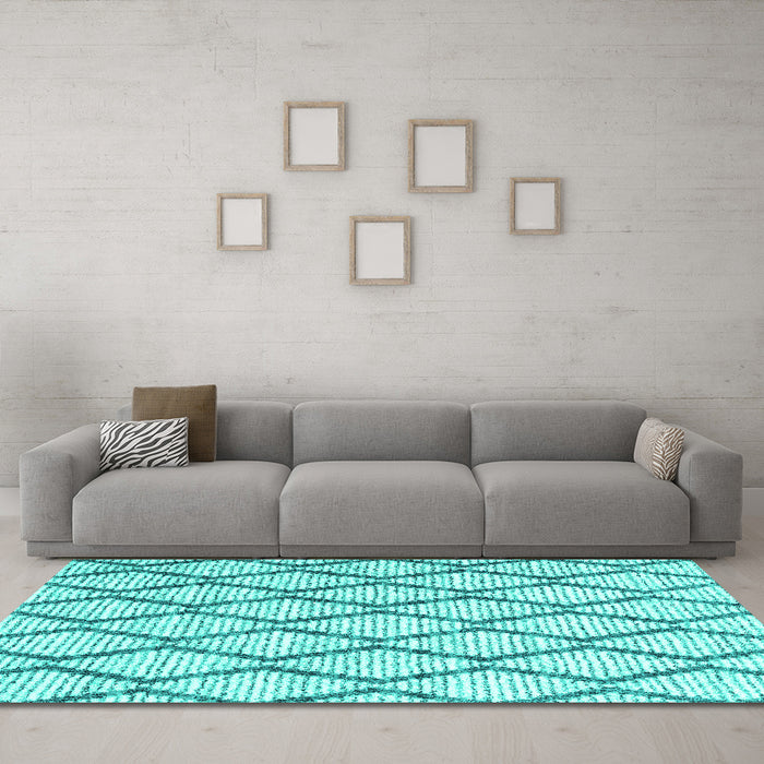 Machine Washable Trellis Turquoise Modern Area Rugs in a Living Room,, wshcon3055turq