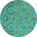 Round Machine Washable Southwestern Turquoise Country Area Rugs, wshcon3069turq