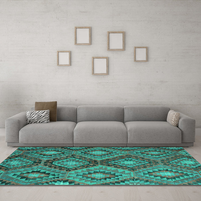 Machine Washable Southwestern Turquoise Country Area Rugs in a Living Room,, wshcon3072turq