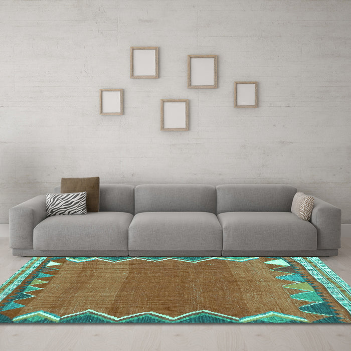 Machine Washable Oriental Turquoise Traditional Area Rugs in a Living Room,, wshcon3078turq