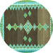 Round Machine Washable Abstract Turquoise Contemporary Area Rugs, wshcon3079turq