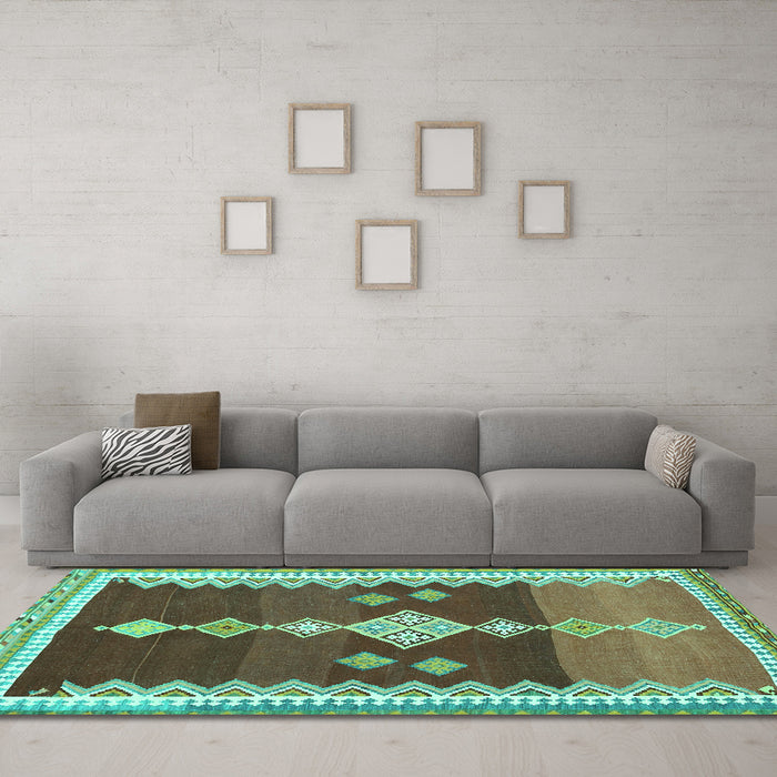 Machine Washable Abstract Turquoise Contemporary Area Rugs in a Living Room,, wshcon3079turq