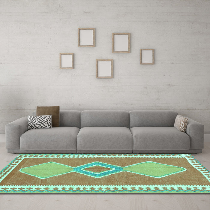 Machine Washable Oriental Turquoise Traditional Area Rugs in a Living Room,, wshcon3081turq