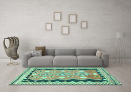 Machine Washable Oriental Turquoise Traditional Area Rugs in a Living Room,, wshcon3082turq