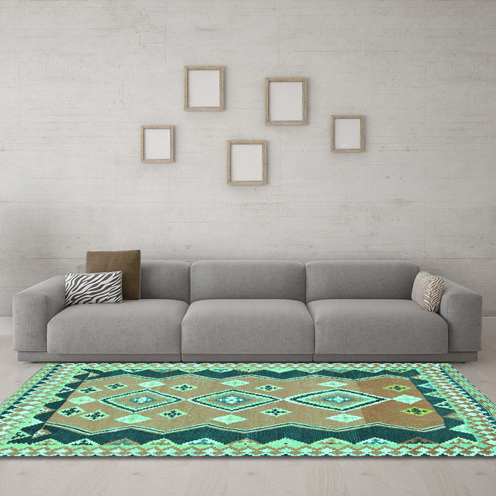Machine Washable Oriental Turquoise Traditional Area Rugs in a Living Room,, wshcon3082turq