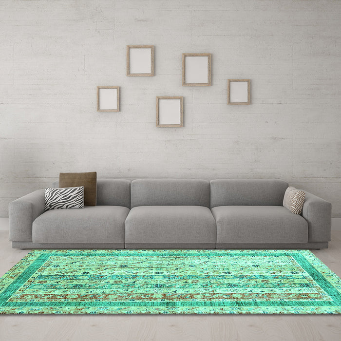 Machine Washable Abstract Turquoise Contemporary Area Rugs in a Living Room,, wshcon3087turq