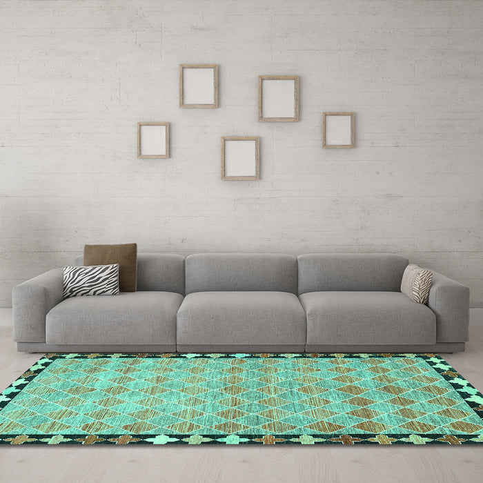 Machine Washable Southwestern Turquoise Country Area Rugs in a Living Room,, wshcon308turq