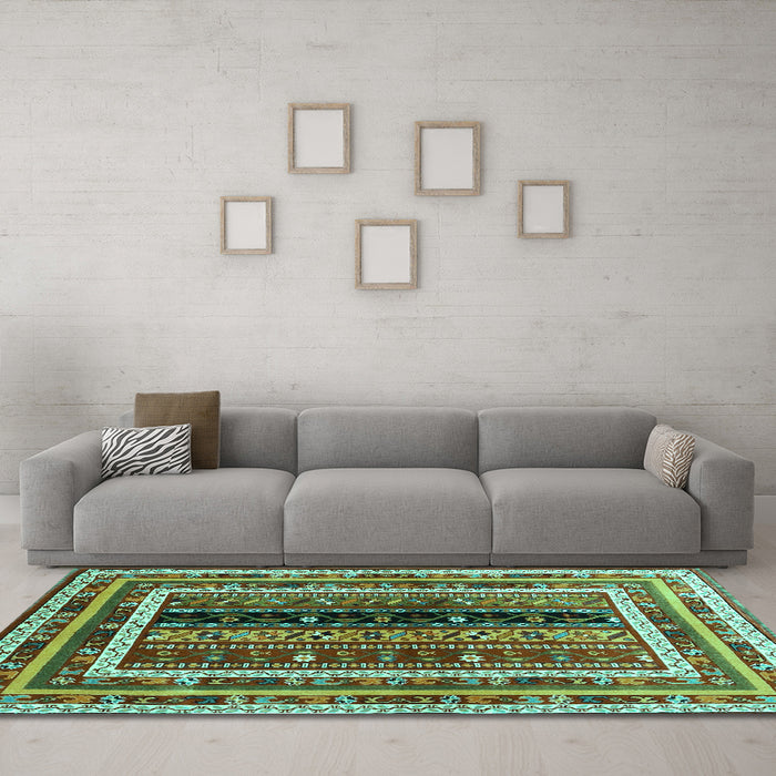 Machine Washable Oriental Turquoise Traditional Area Rugs in a Living Room,, wshcon3091turq