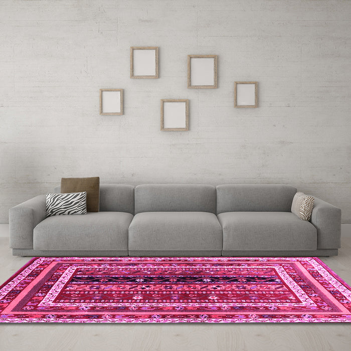 Machine Washable Oriental Pink Traditional Rug in a Living Room, wshcon3091pnk