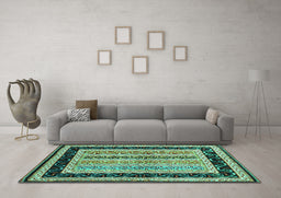 Machine Washable Abstract Turquoise Contemporary Area Rugs in a Living Room,, wshcon3092turq