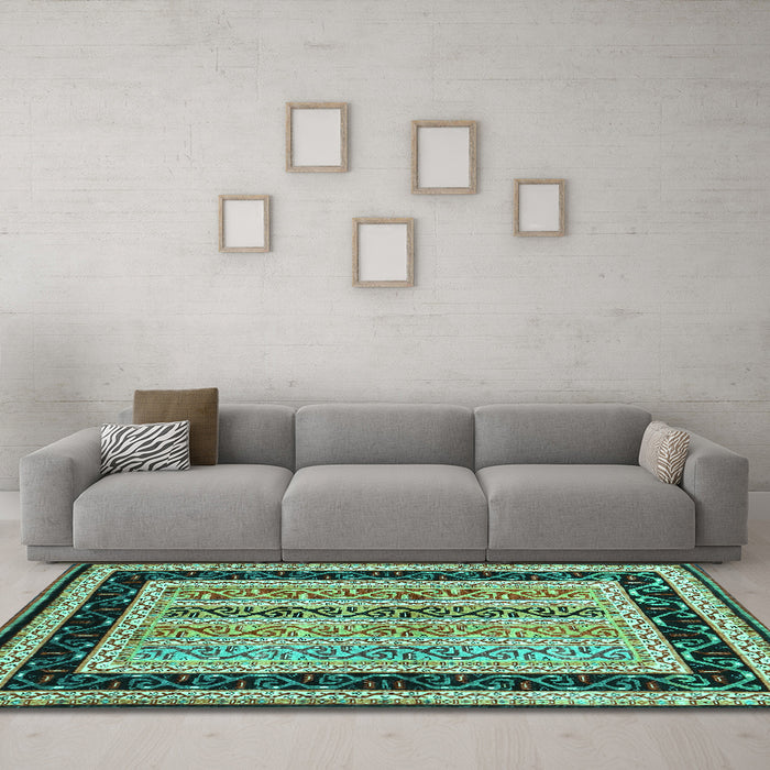 Machine Washable Abstract Turquoise Contemporary Area Rugs in a Living Room,, wshcon3092turq
