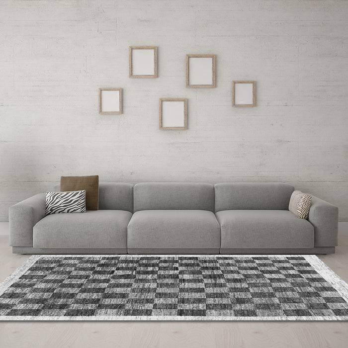 Machine Washable Checkered Gray Modern Rug in a Living Room,, wshcon323gry