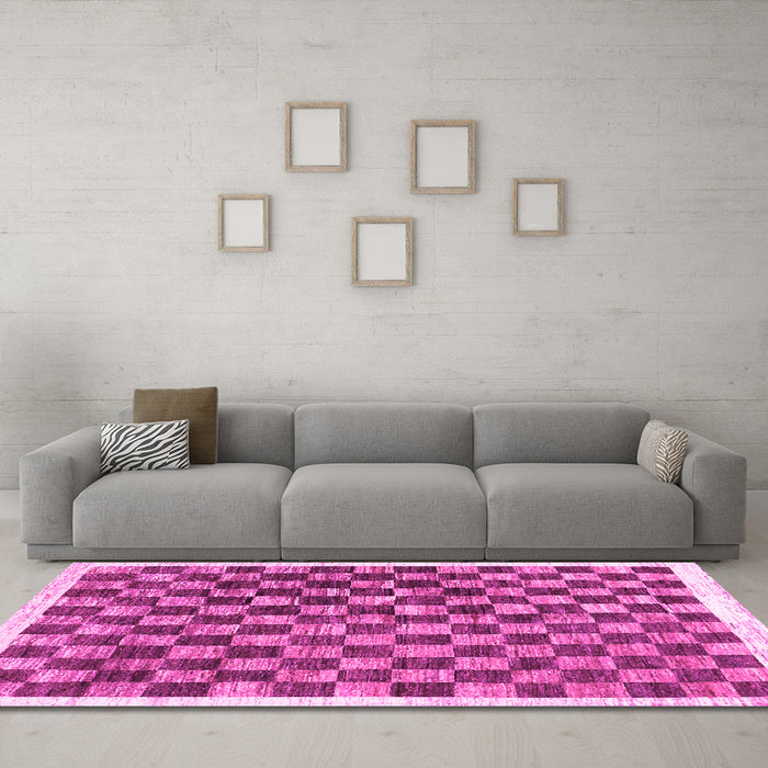 Machine Washable Checkered Pink Modern Rug in a Living Room, wshcon323pnk