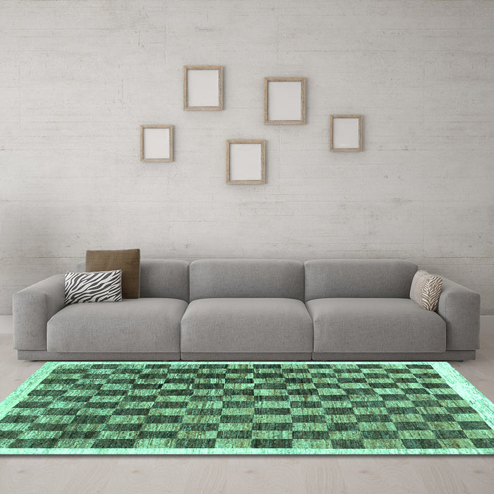 Machine Washable Checkered Turquoise Modern Area Rugs in a Living Room,, wshcon323turq