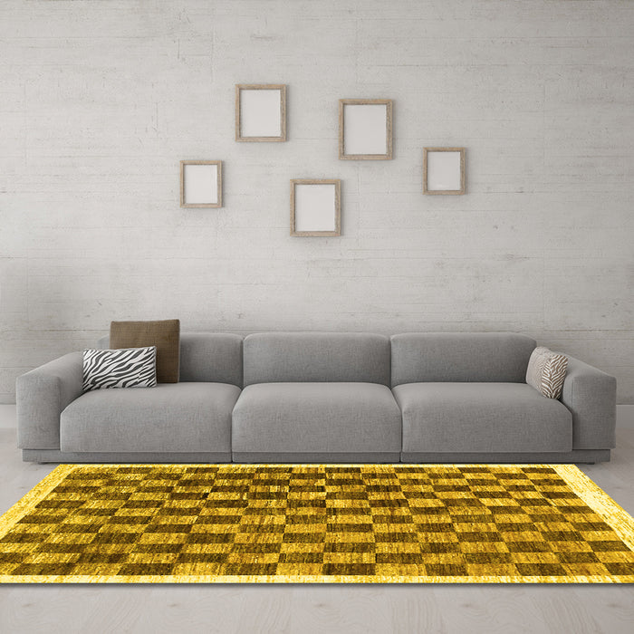 Machine Washable Checkered Yellow Modern Rug in a Living Room, wshcon323yw