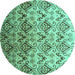 Round Machine Washable Abstract Turquoise Contemporary Area Rugs, wshcon331turq