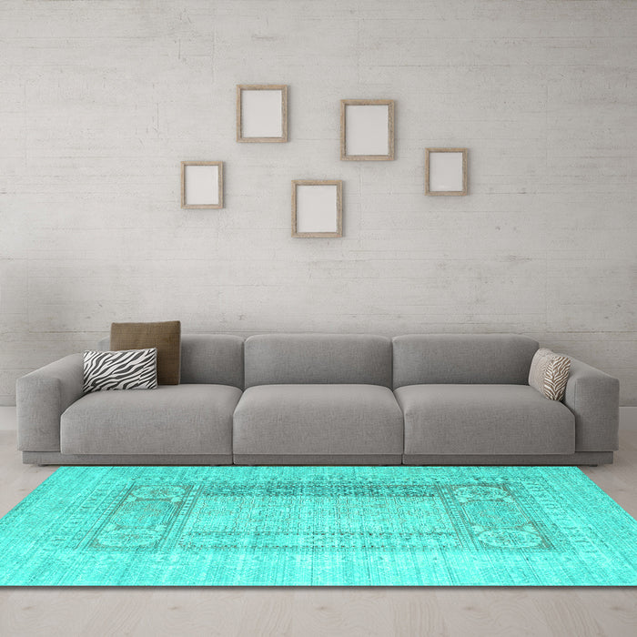 Machine Washable Abstract Turquoise Contemporary Area Rugs in a Living Room,, wshcon332turq