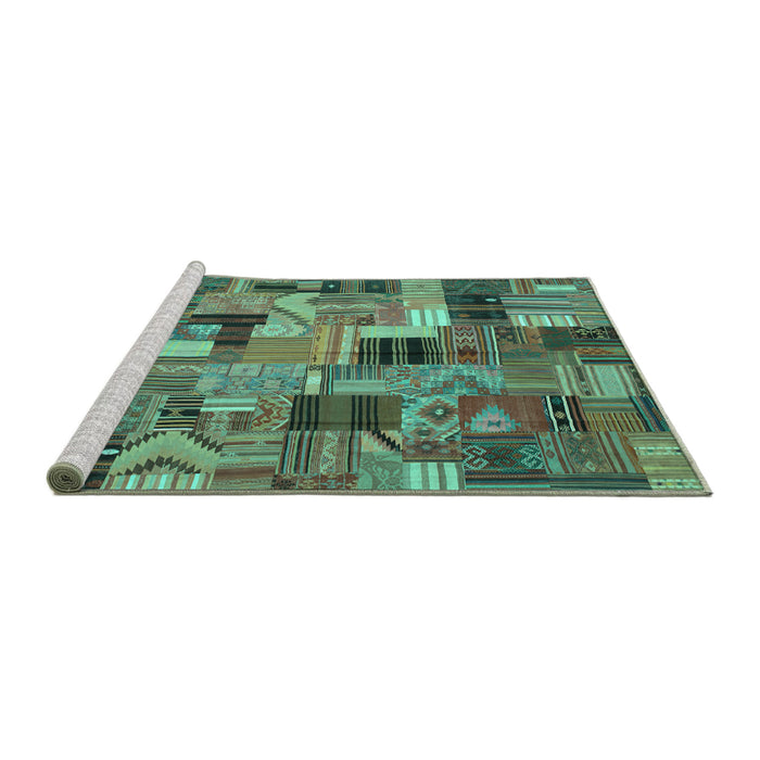 Sideview of Machine Washable Patchwork Turquoise Transitional Area Rugs, wshcon337turq