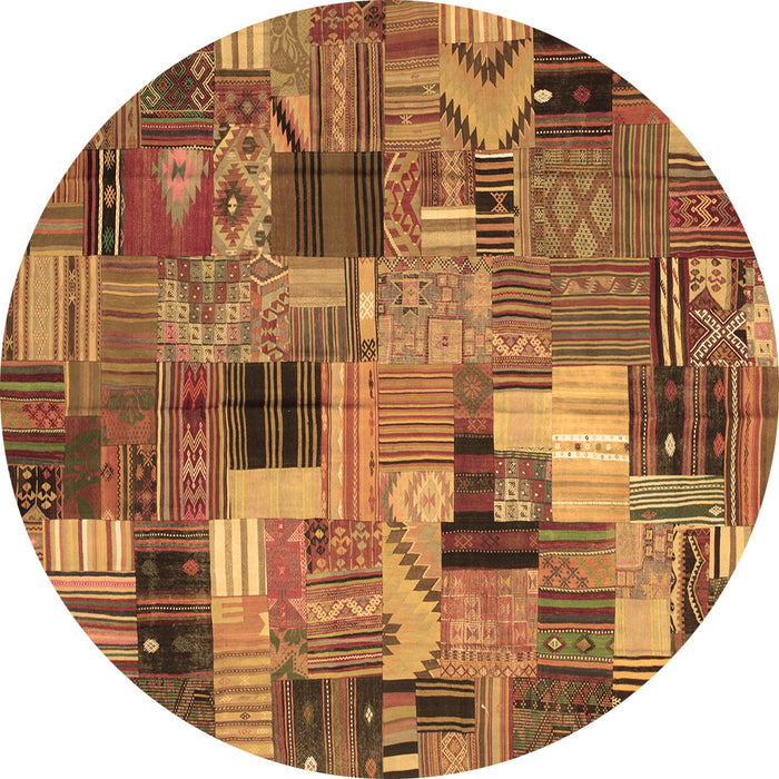 Round Machine Washable Patchwork Brown Transitional Rug, wshcon337brn